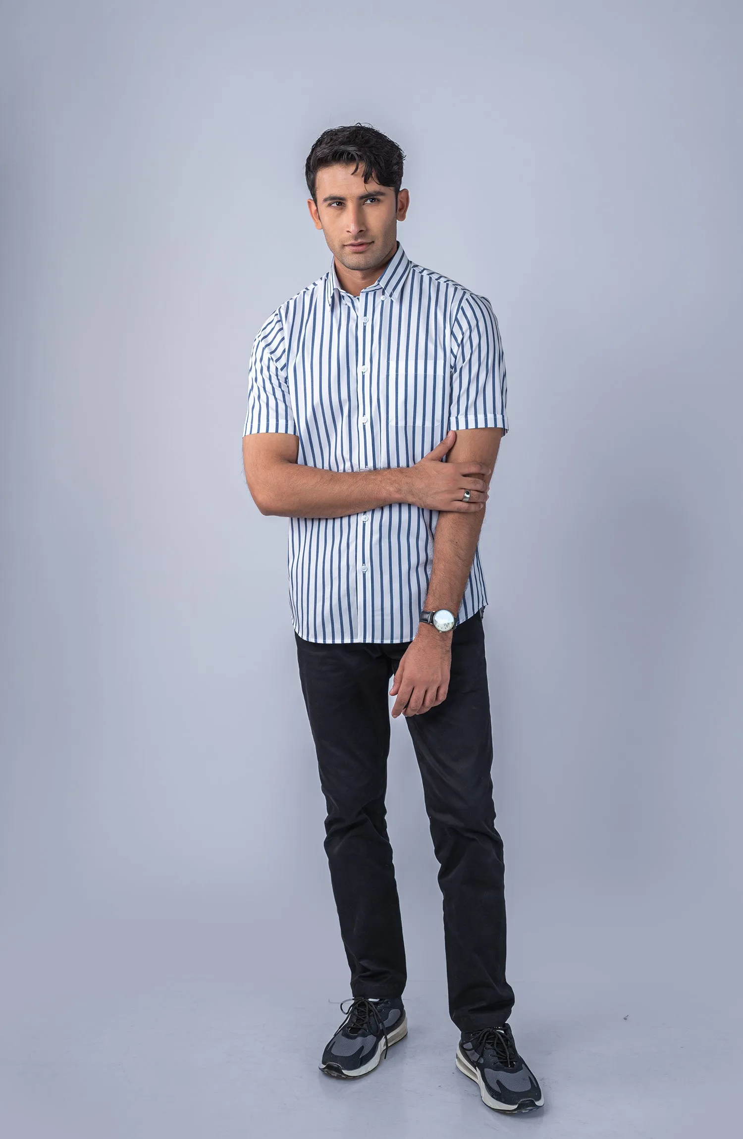 White/Navy Stripes Yarn Dyed Shirt