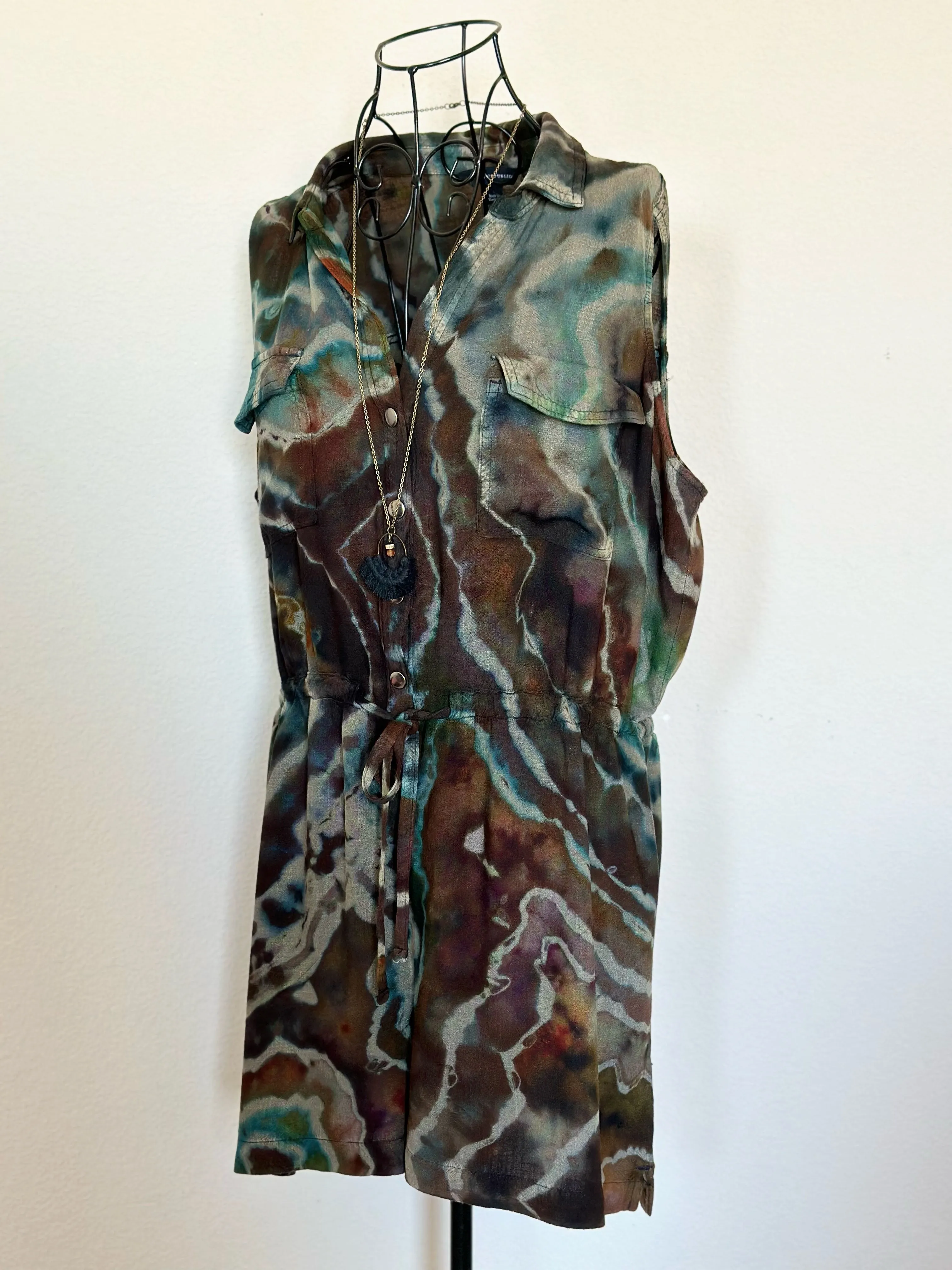 Women’s Large Upcycled Rock & Republic Reverse Geode Rayon Sleeveless Romper with Snap Buttons