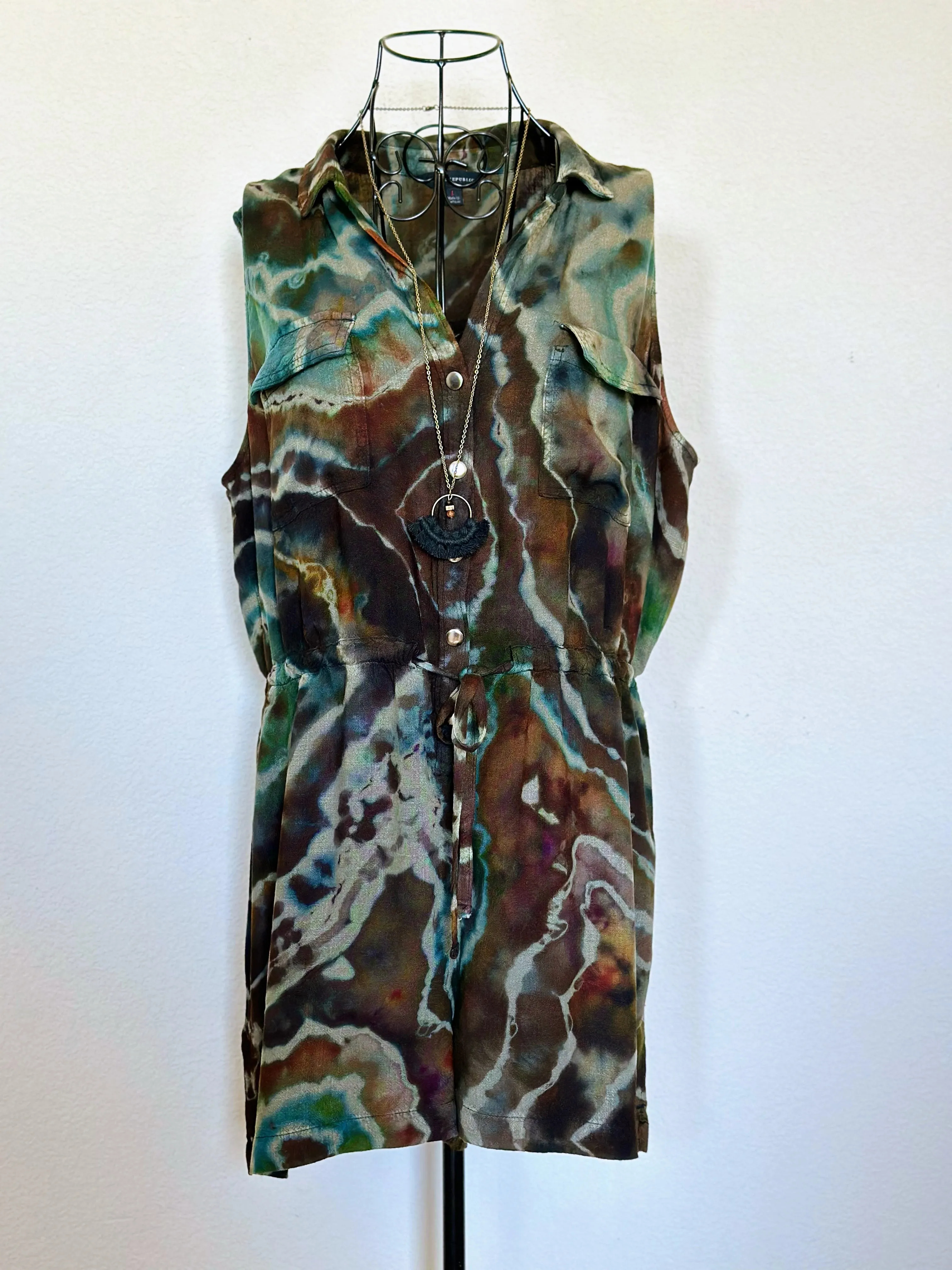 Women’s Large Upcycled Rock & Republic Reverse Geode Rayon Sleeveless Romper with Snap Buttons