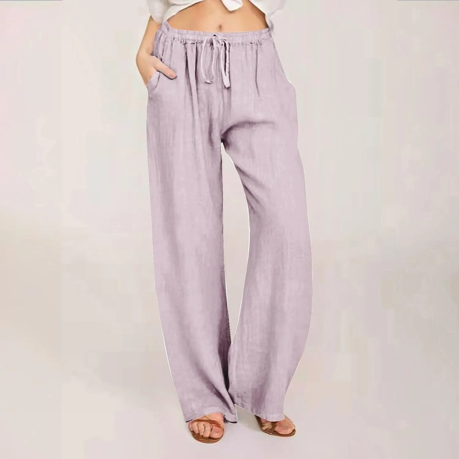 Womens Linen Pants Summer Beach Vacation Outfits Solid Color Wide Leg Flowy Pants Relaxed Elastic Waisted Trousers