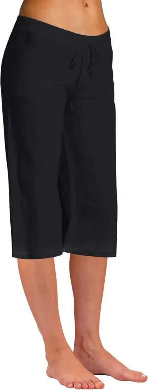 Women's Solid Elastic Waist Casual Pants with Pockets - Linen Blend Comfortable Capri Pants, Relaxed Summer Trousers