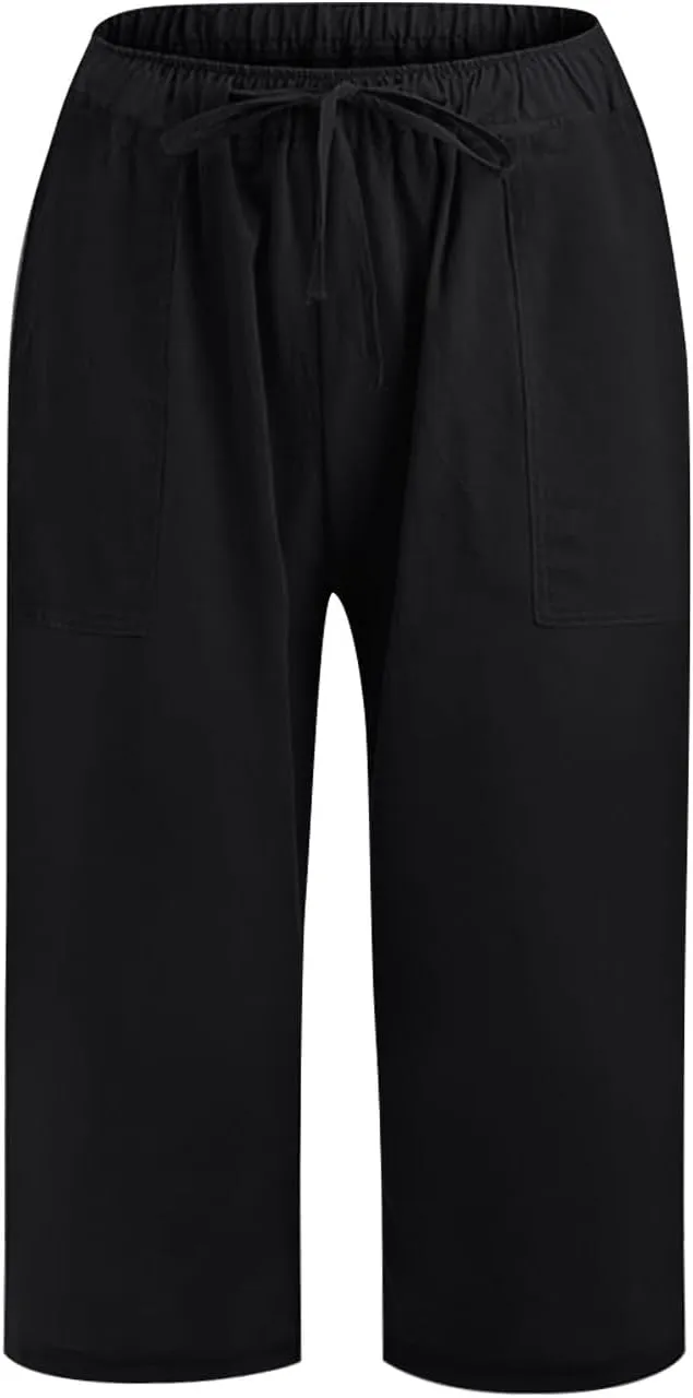 Women's Solid Elastic Waist Casual Pants with Pockets - Linen Blend Comfortable Capri Pants, Relaxed Summer Trousers