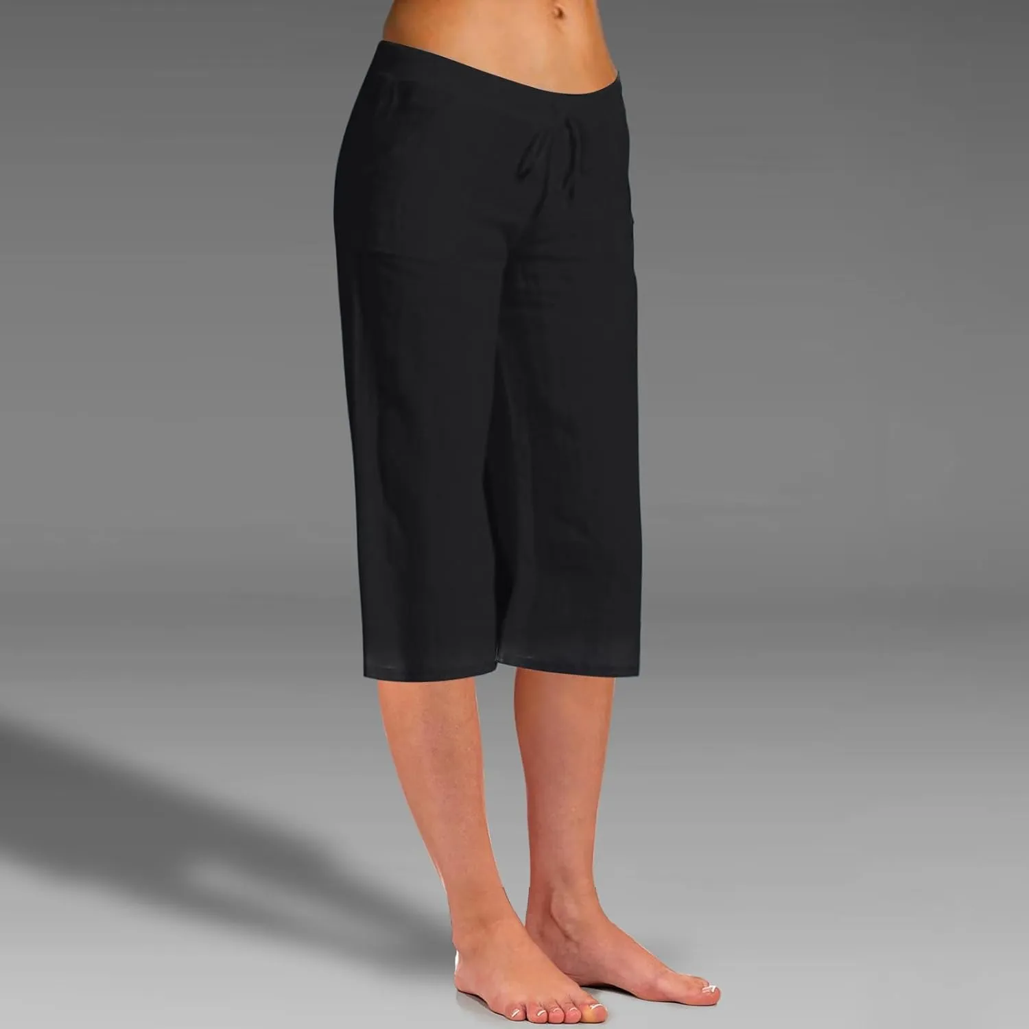 Women's Solid Elastic Waist Casual Pants with Pockets - Linen Blend Comfortable Capri Pants, Relaxed Summer Trousers